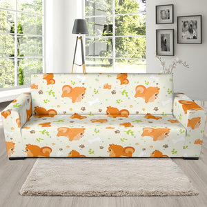 Cute Brown Pomeranian Paw Leave Bone Pattern Sofa Slipcover