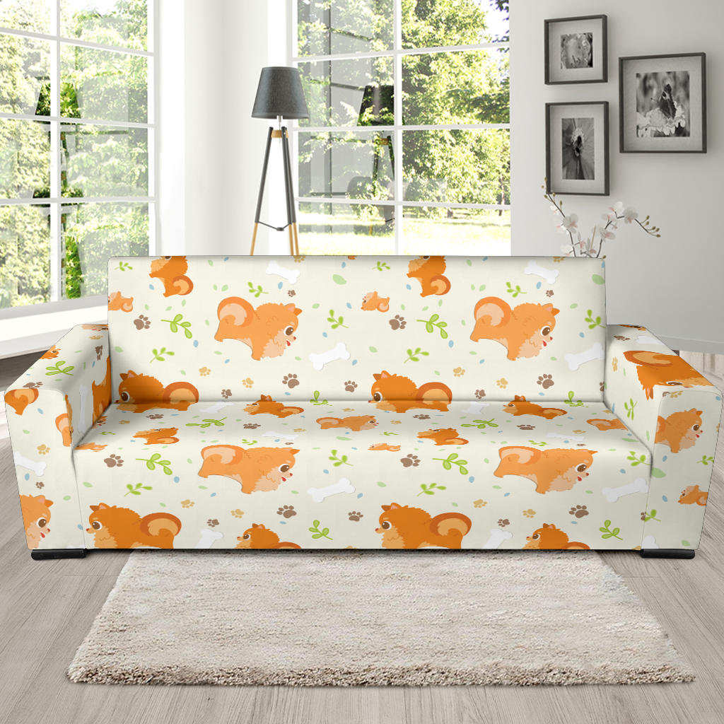 Cute Brown Pomeranian Paw Leave Bone Pattern Sofa Slipcover