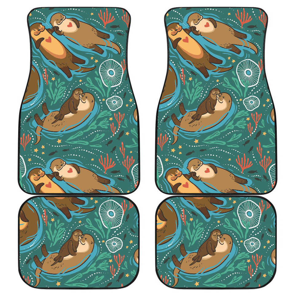 Cute Brown Sea Otters Ornamental Seaweed Corals Green Water Front And Back Car Mats
