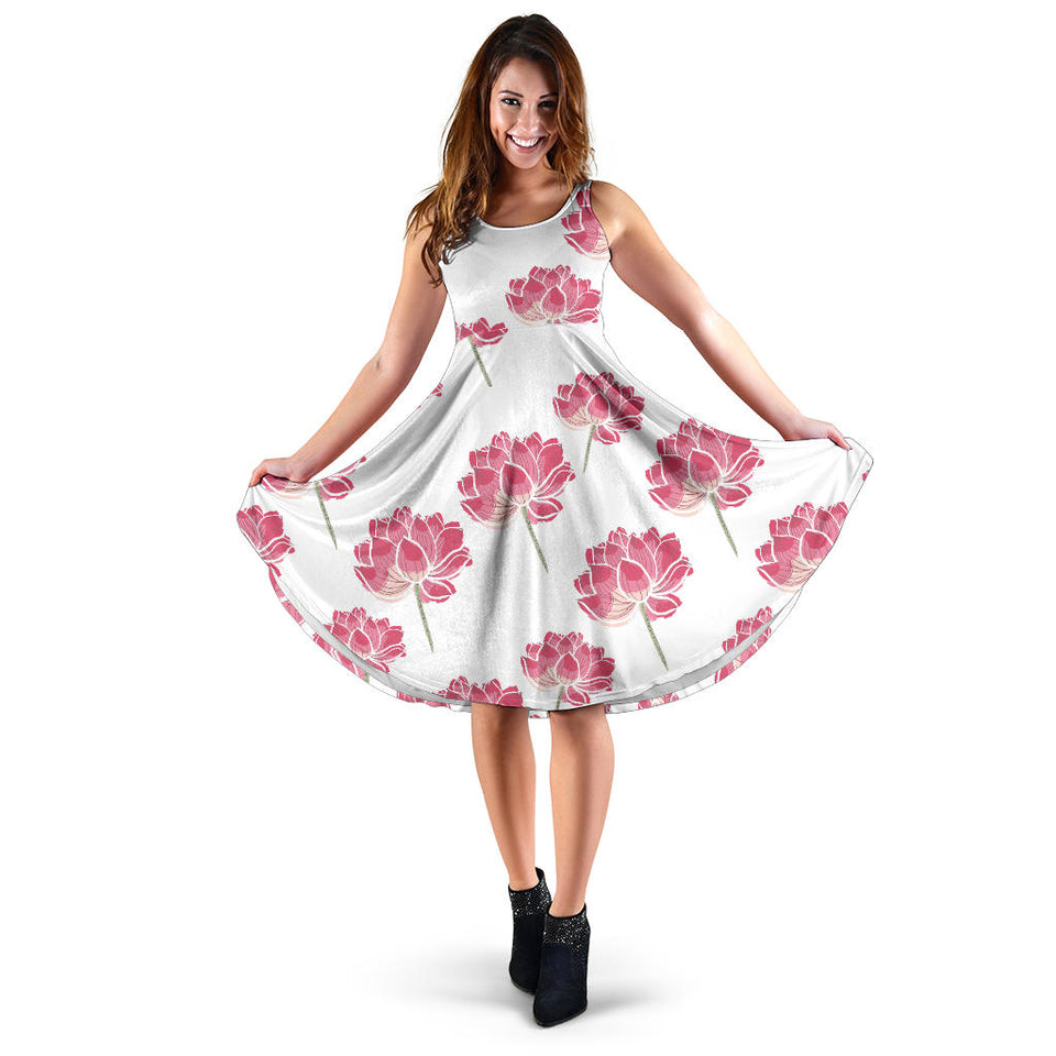 Pink Lotus Waterlily Pattern Sleeveless Midi Dress
