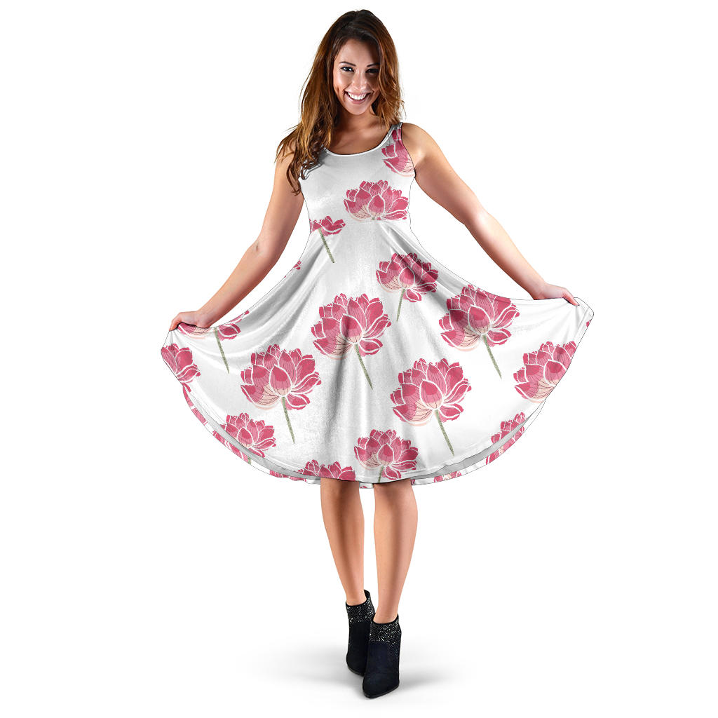 Pink Lotus Waterlily Pattern Sleeveless Midi Dress