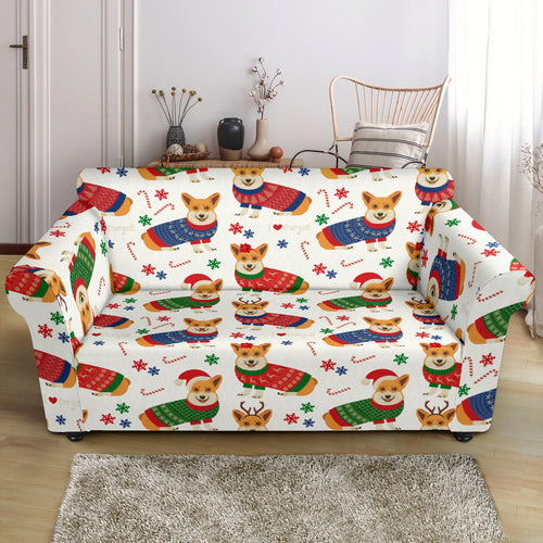 Corgi Christmas Pattern Loveseat Couch Slipcover