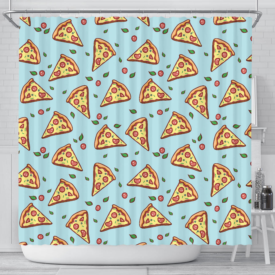 Hand Drawn Pizza Blue Background Shower Curtain Fulfilled In US