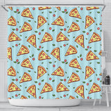 Hand Drawn Pizza Blue Background Shower Curtain Fulfilled In US