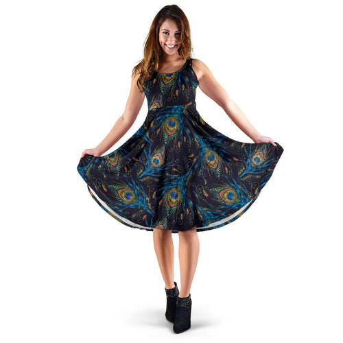 Beautiful Peacock Feather Pattern Sleeveless Midi Dress