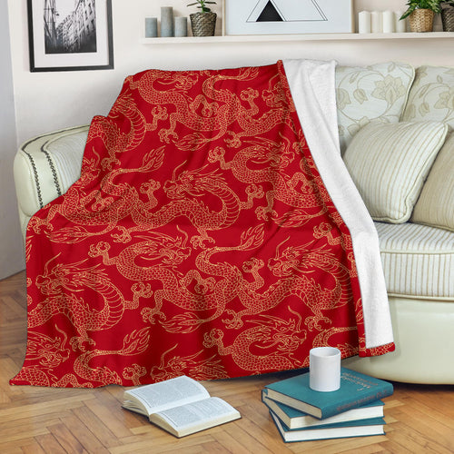 Gold Dragons Red Background Premium Blanket