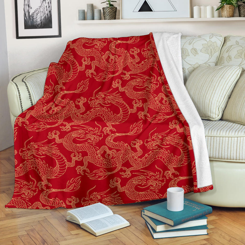 Gold Dragons Red Background Premium Blanket