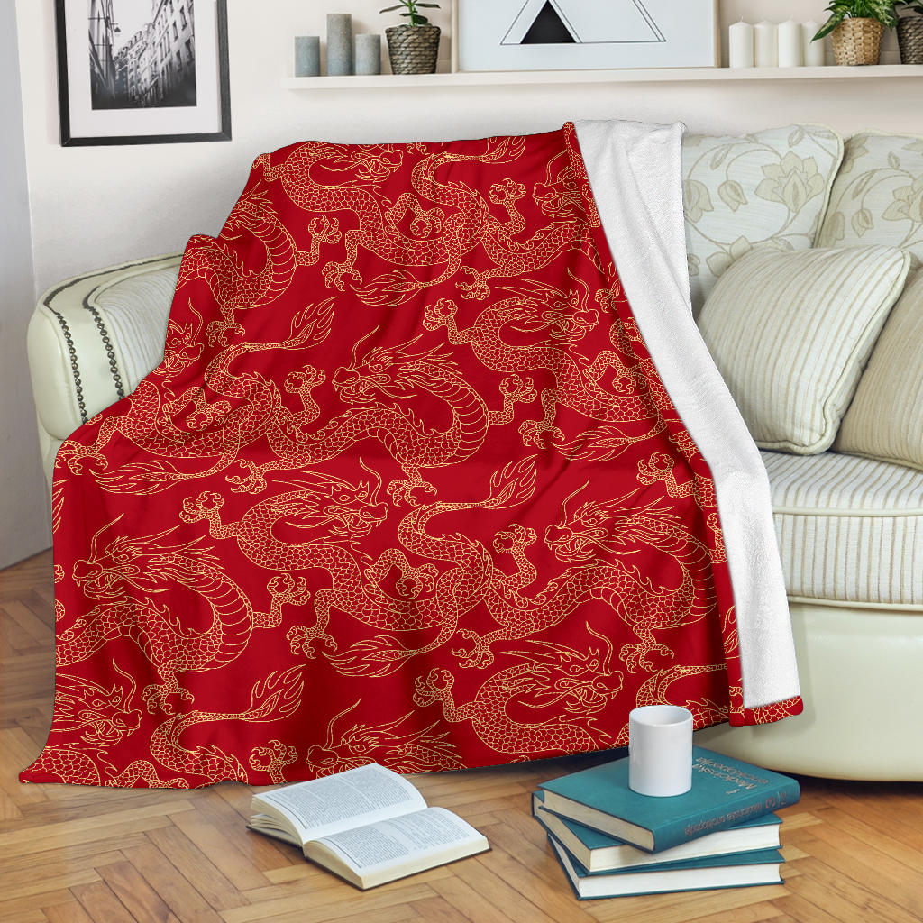 Gold Dragons Red Background Premium Blanket