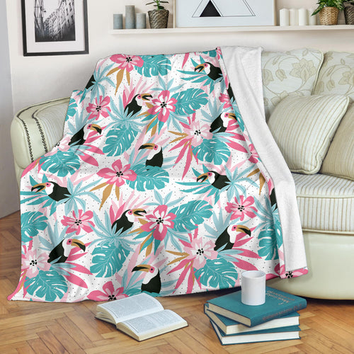 Toucan Tropical Flower Leave Pattern Premium Blanket