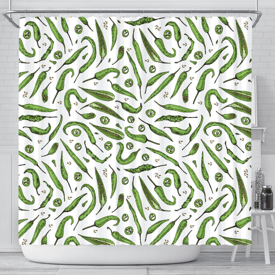 Hand Drawn Sketch Style Green Chili Peppers Pattern Shower Curtain Fulfilled In US
