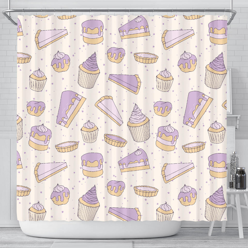 Cakes Pies Tarts Muffins And Eclairs Purple Blueberry Topping Pattern Shower Curtain Fulfilled In US