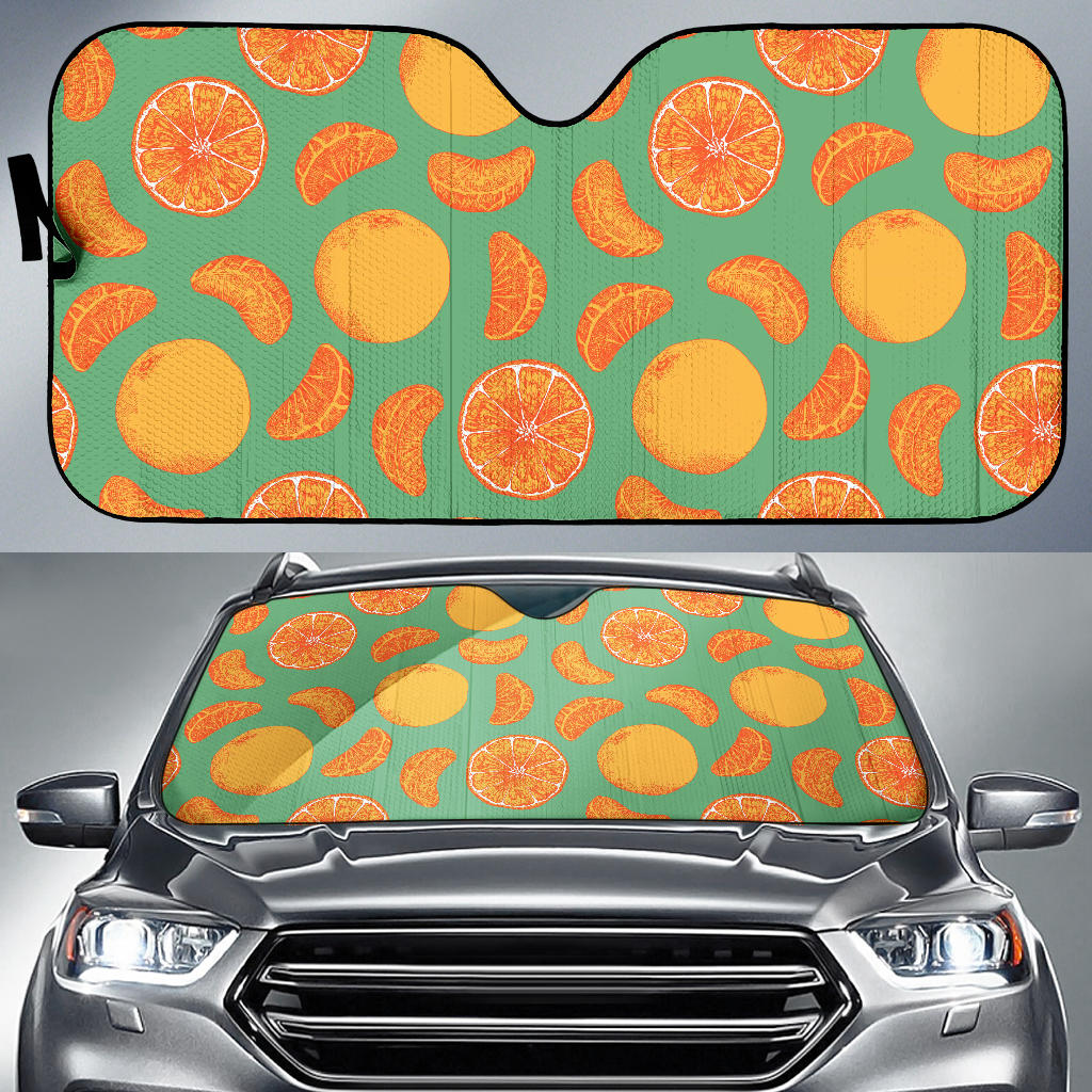 Orange Fruit Pattern Green Background Car Sun Shade