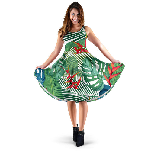 Heliconia Palm And Monstera  Leaves Pattern Sleeveless Midi Dress
