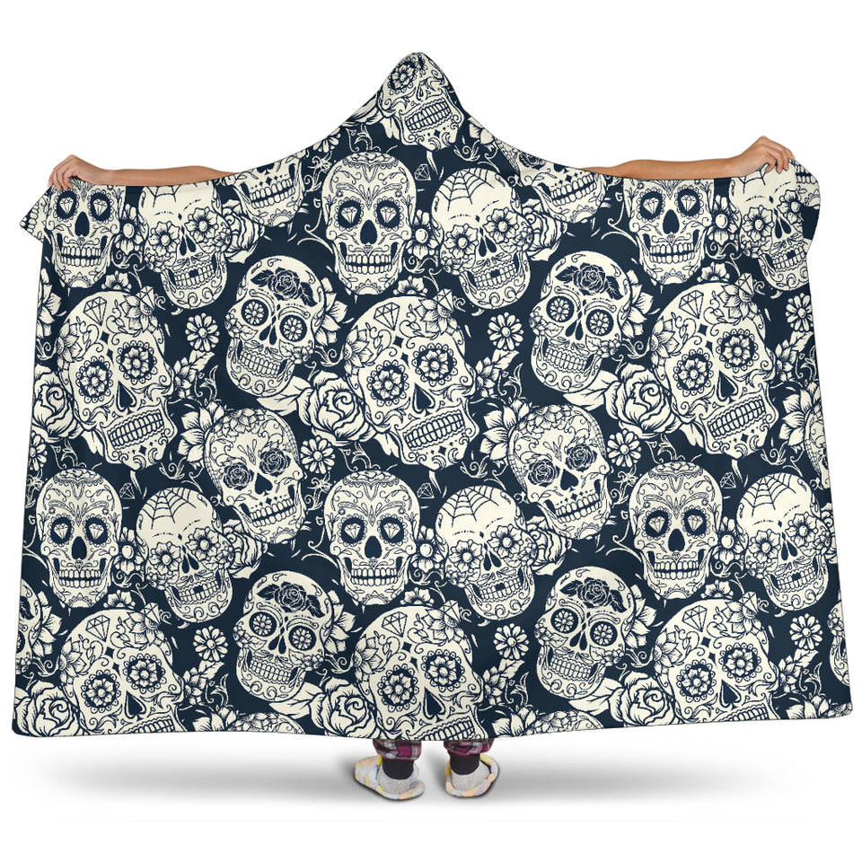 Sugar Skull Black White Pattern Hooded Blanket