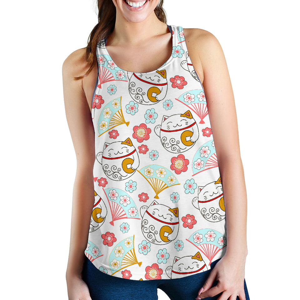 Maneki Neko Lucky Cat fan sakura Women Racerback Tank Top