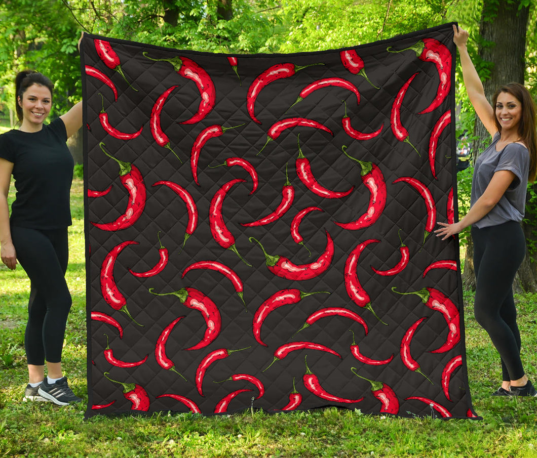 Chili Peppers Pattern Black Background Premium Quilt
