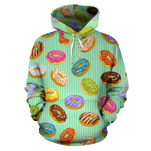 Colorful Donut Pattern Green Background Men Women Pullover Hoodie