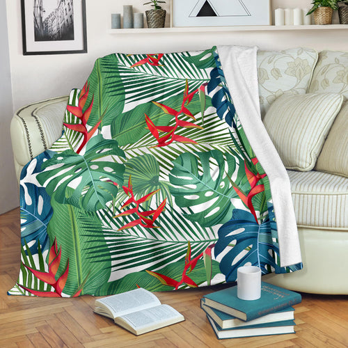Heliconia Palm And Monstera  Leaves Pattern Premium Blanket