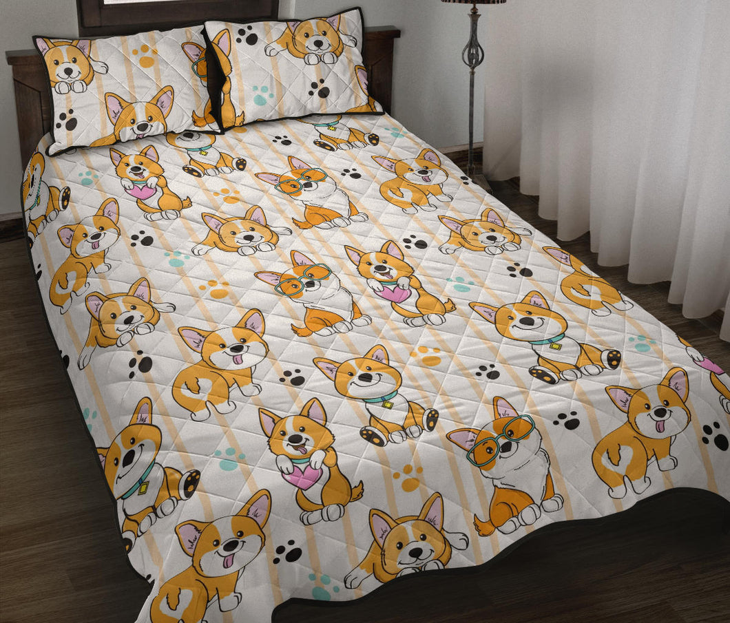 Cute dog corgi striped background pattern Quilt Bed Set