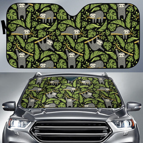 Cute Sloths Tropical Palm Leaves Black Background Car Sun Shade