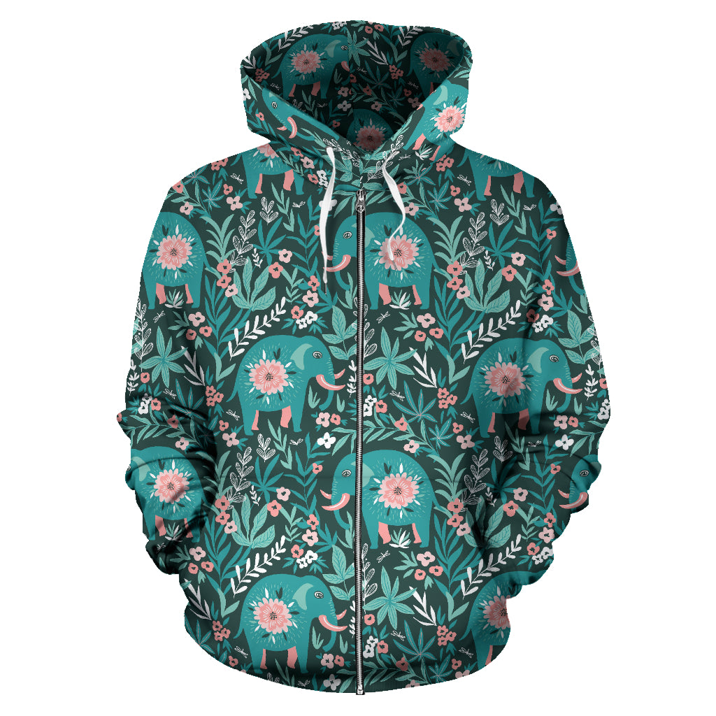 Elephants Jungle Pattern Zip Up Hoodie