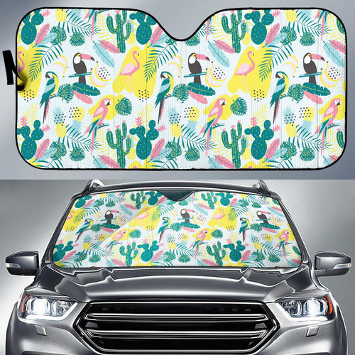 Cute Parrot Toucan Flamingo Cactus Exotic Leaves Pattern Car Sun Shade