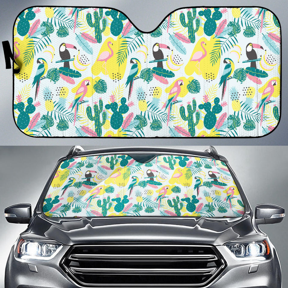 Cute Parrot Toucan Flamingo Cactus Exotic Leaves Pattern Car Sun Shade