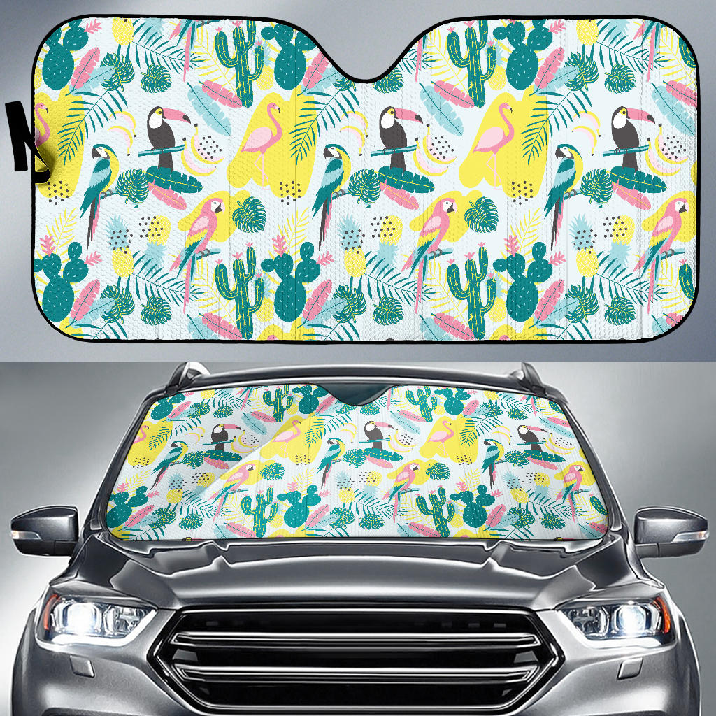 Cute Parrot Toucan Flamingo Cactus Exotic Leaves Pattern Car Sun Shade