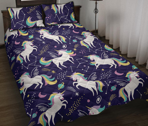 Hand drawn cute unicorn star planet Quilt Bed Set
