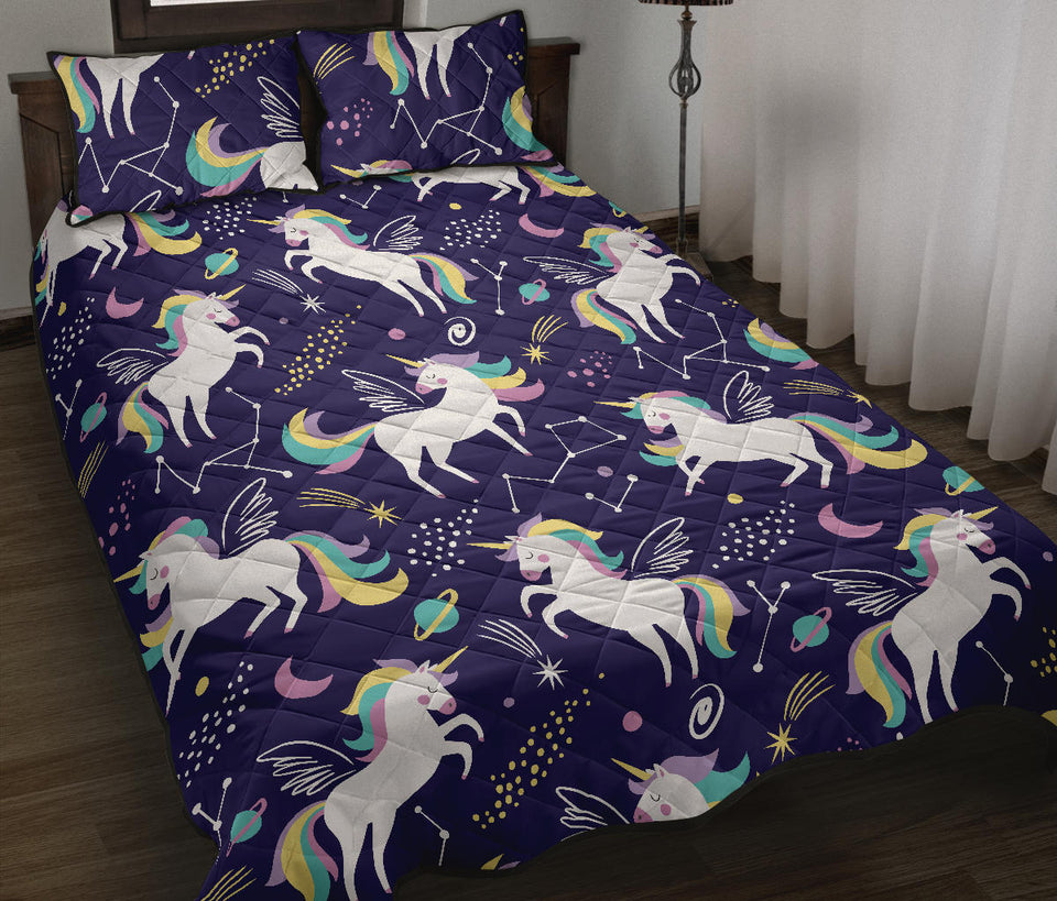 Hand drawn cute unicorn star planet Quilt Bed Set