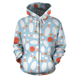 Bowling Ball Bowling Pins Blue Blackground Zip Up Hoodie