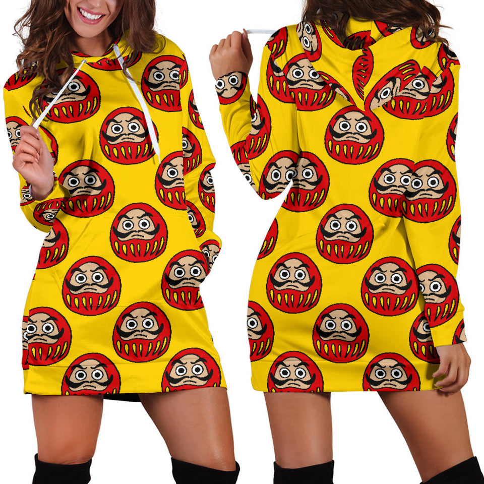 Daruma Japanese Wooden Doll Yellow Background Women'S Hoodie Dress