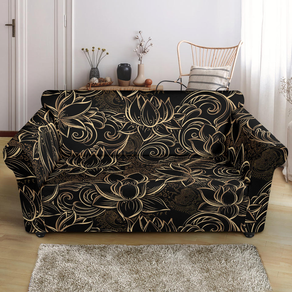 Luxurious Gold Lotus Waterlily Black Background Loveseat Couch Slipcover