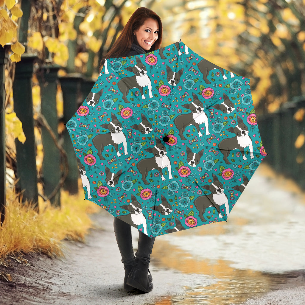 Boston Terrier Beautiful Flower Pattern Umbrella