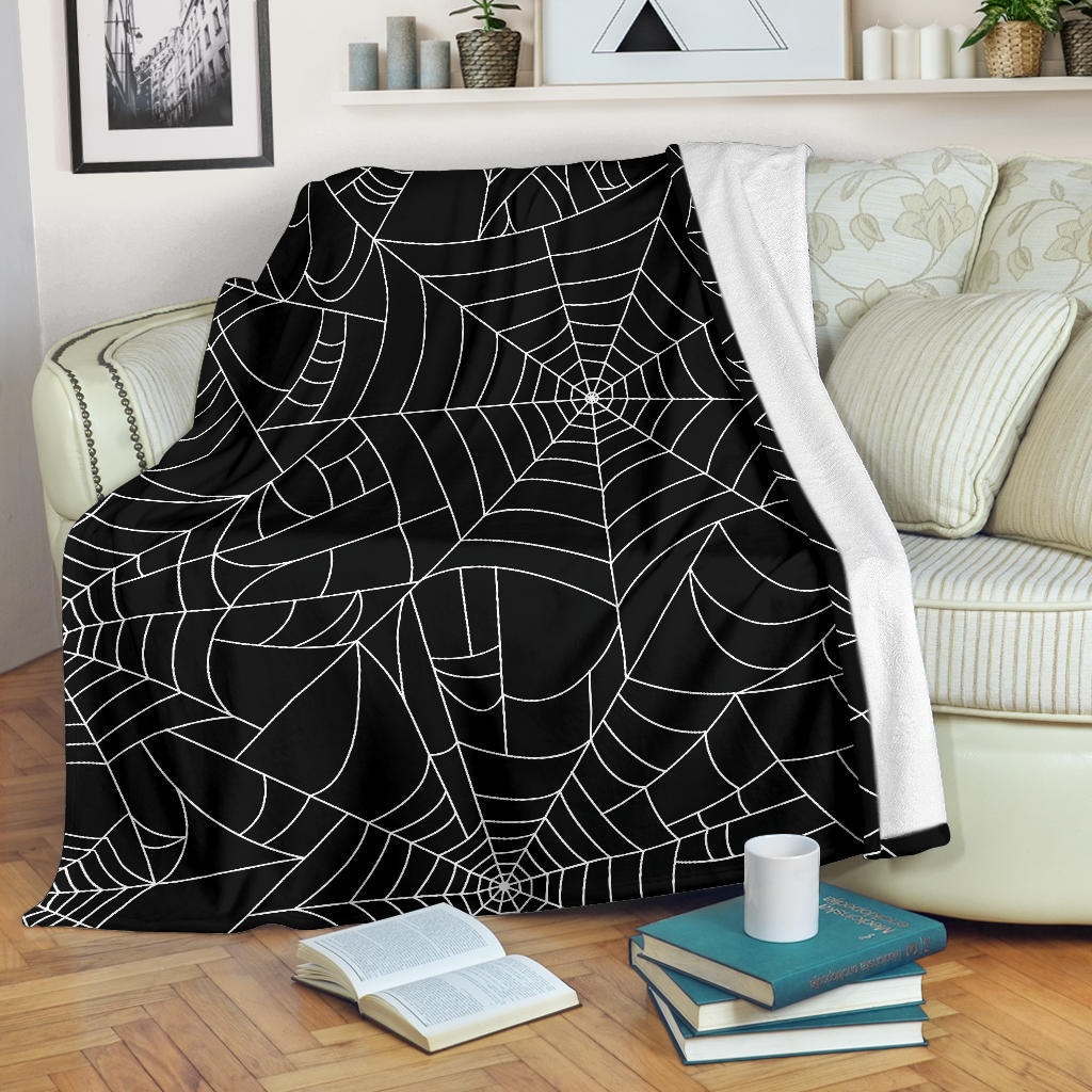 Spider Web Pattern Black Background White Cobweb Premium Blanket