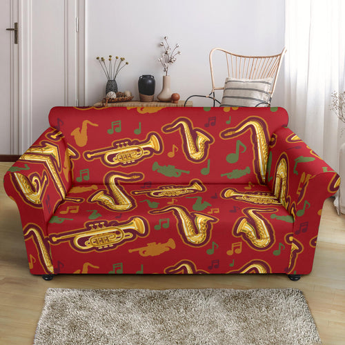 Saxophone Cornet Pattern Red Background Loveseat Couch Slipcover