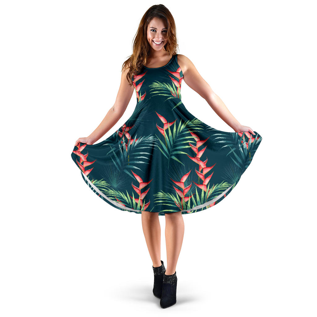 Heliconia Flowers, Palm And Monstera Leaves On Black Background Pattern Sleeveless Midi Dress