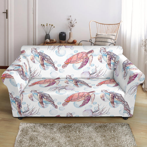 Watercolor Sea Turtle Jellyfish Pattern Loveseat Couch Slipcover