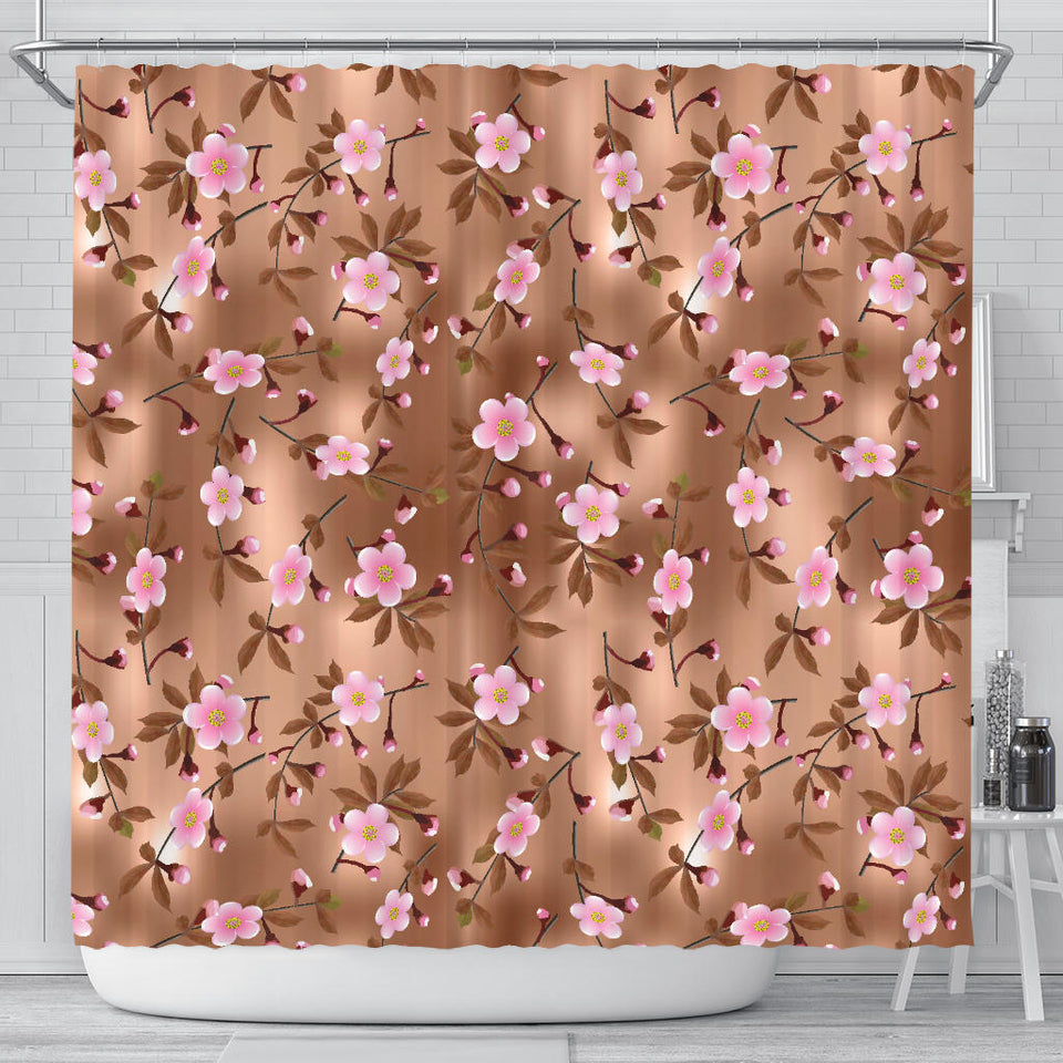 Pink Sakura Cherry Blossom Drak Brown Background Shower Curtain Fulfilled In US