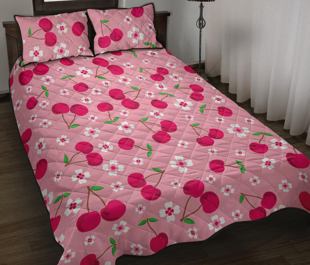 cherry flower pattern pink background Quilt Bed Set