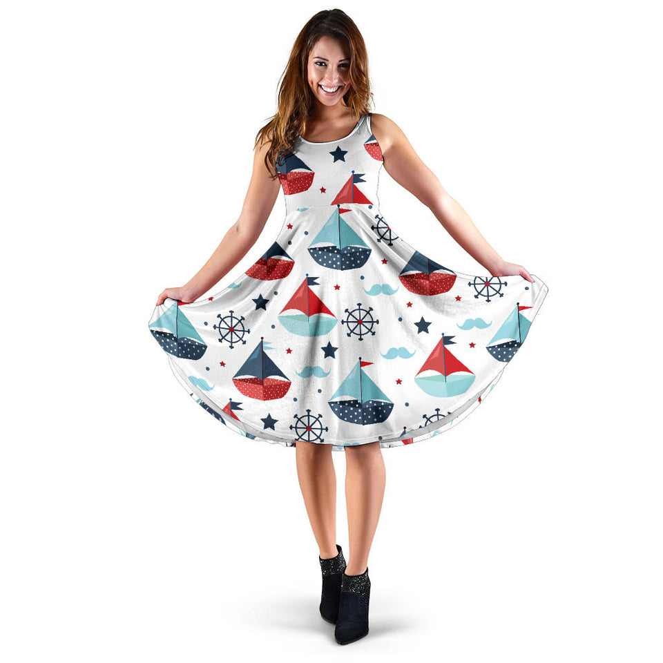Cute Color Paper Sailboat Pattern Sleeveless Midi Dress