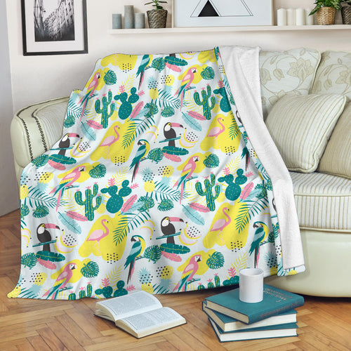 Cute Parrot Toucan Flamingo Cactus Exotic Leaves Pattern Premium Blanket