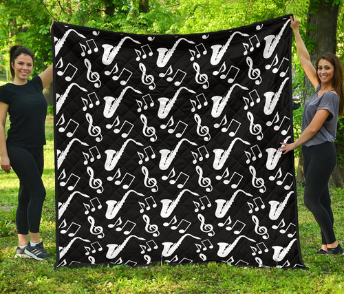 Saxophone Music Notes Treble Clef Black White Theme Premium Quilt