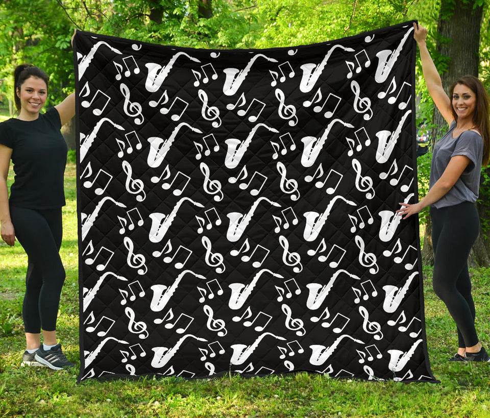 Saxophone Music Notes Treble Clef Black White Theme Premium Quilt