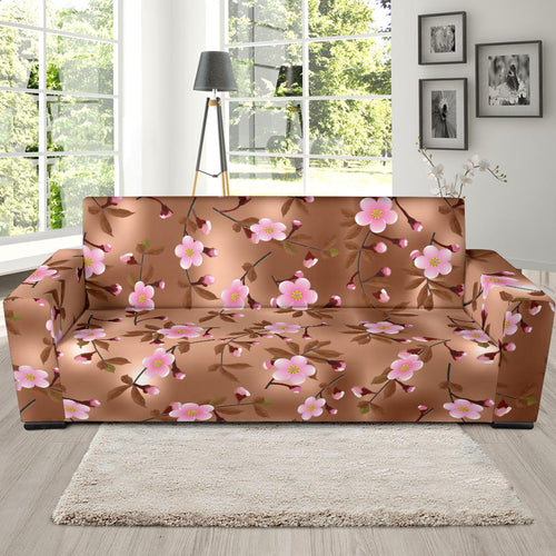 Pink Sakura Cherry Blossom Drak Brown Background Sofa Slipcover