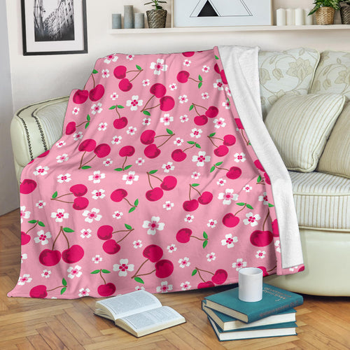 Cherry Flower Pattern Pink Background Premium Blanket