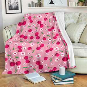 Cherry Flower Pattern Pink Background Premium Blanket