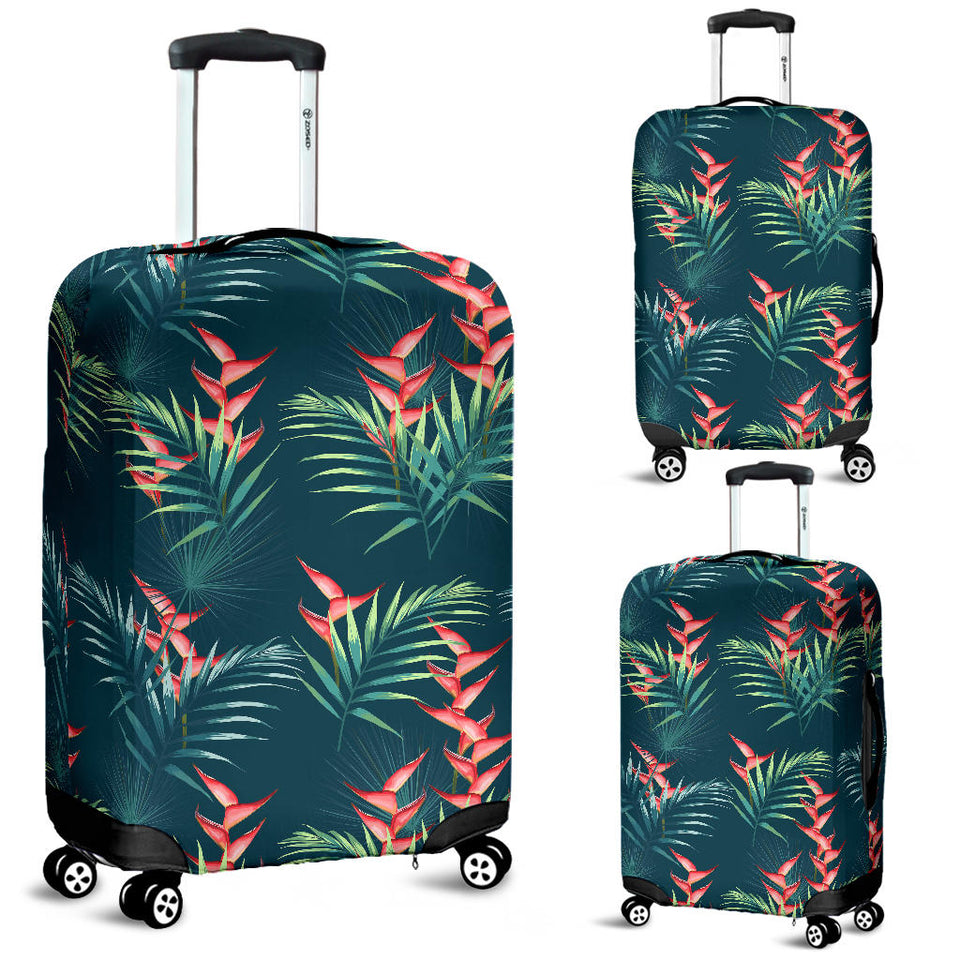 Heliconia Flowers, Palm And Monstera Leaves On Black Background Pattern Luggage Covers