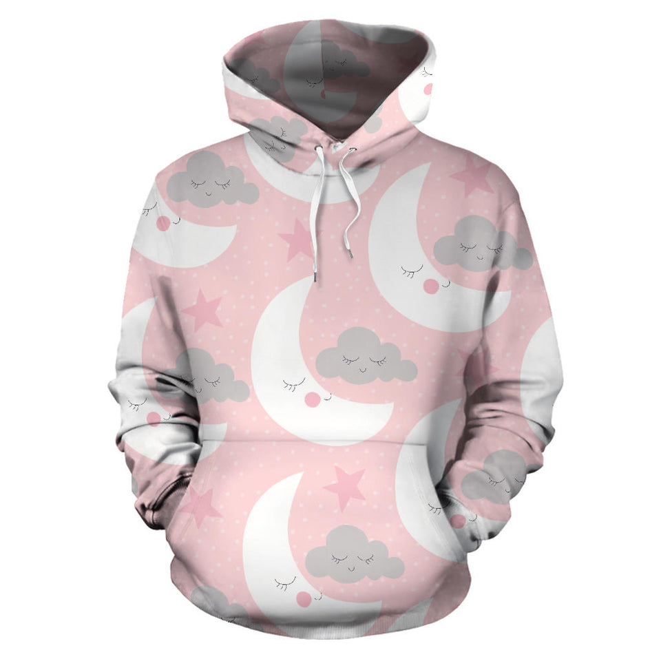 Cute Moon Cloud Star Pattern Pink Dot Background Men Women Pullover Hoodie