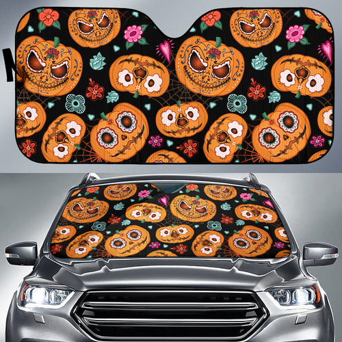 Pumpkin Flowers Spiderweb Halloween Theme Car Sun Shade